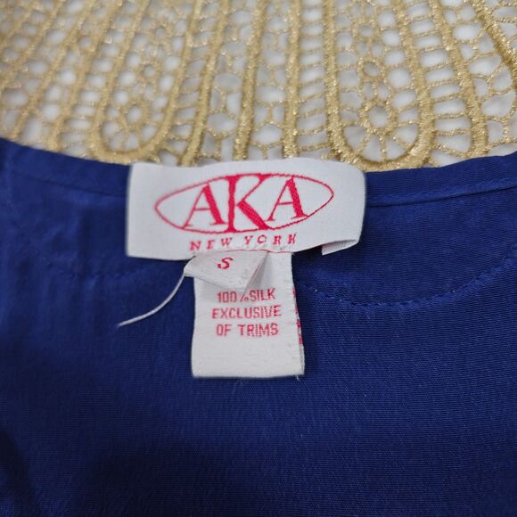AKA New York Gold Lace Collar Blue Silk Blouse Size S Ornate Statement Regency - Picture 10 of 14